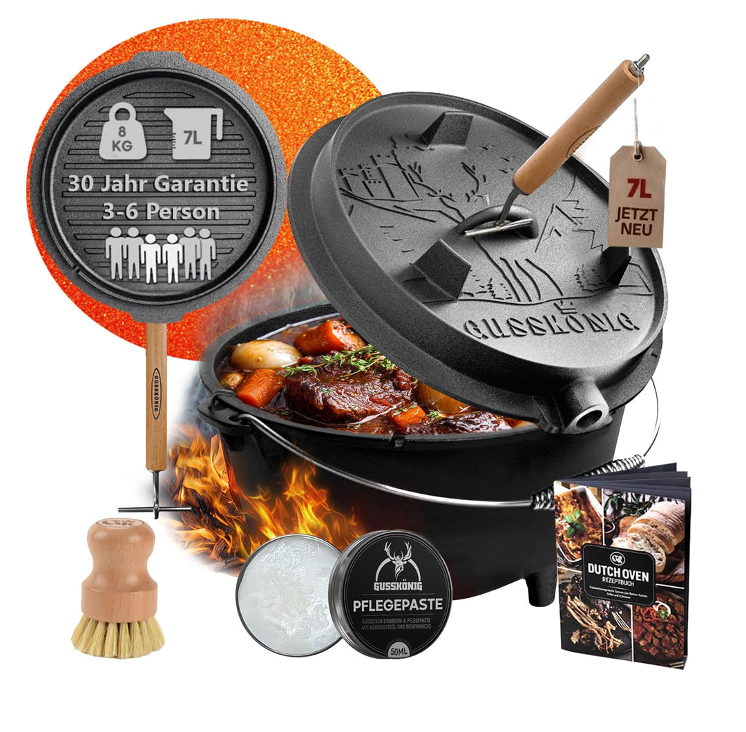 GUSSKÖNIG Dutch Oven Set - Eingebrannter Dutch Oven 7 Liter - Feuertopf Gusseisen mit Füssen - Schmo