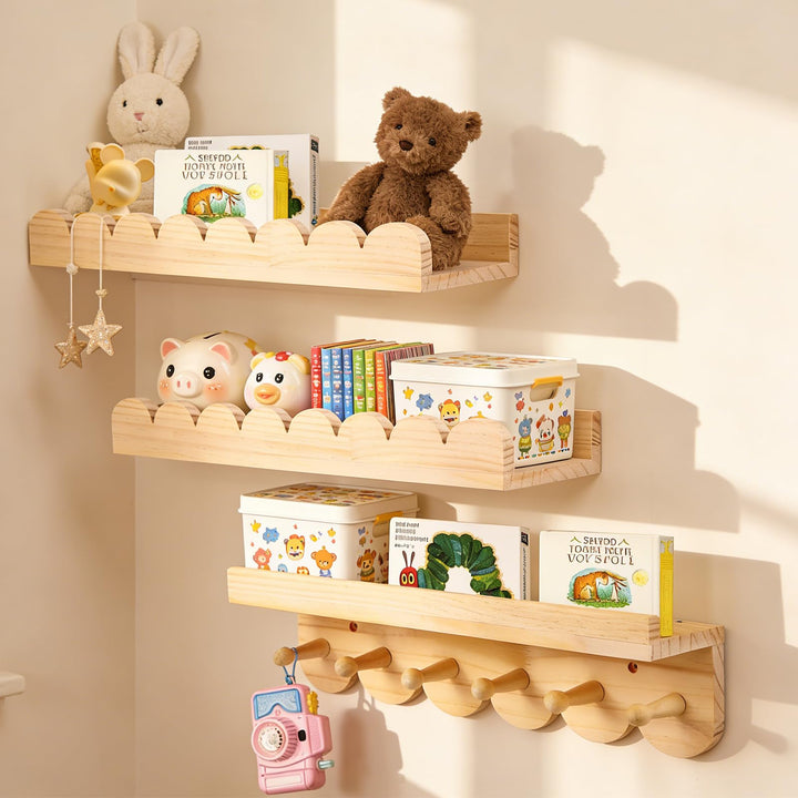 3er Set Wandregal Kinderzimmer, 42cm Bücherregal Kinder Wand, Hängeregal Schweberegal Kinderregal, N