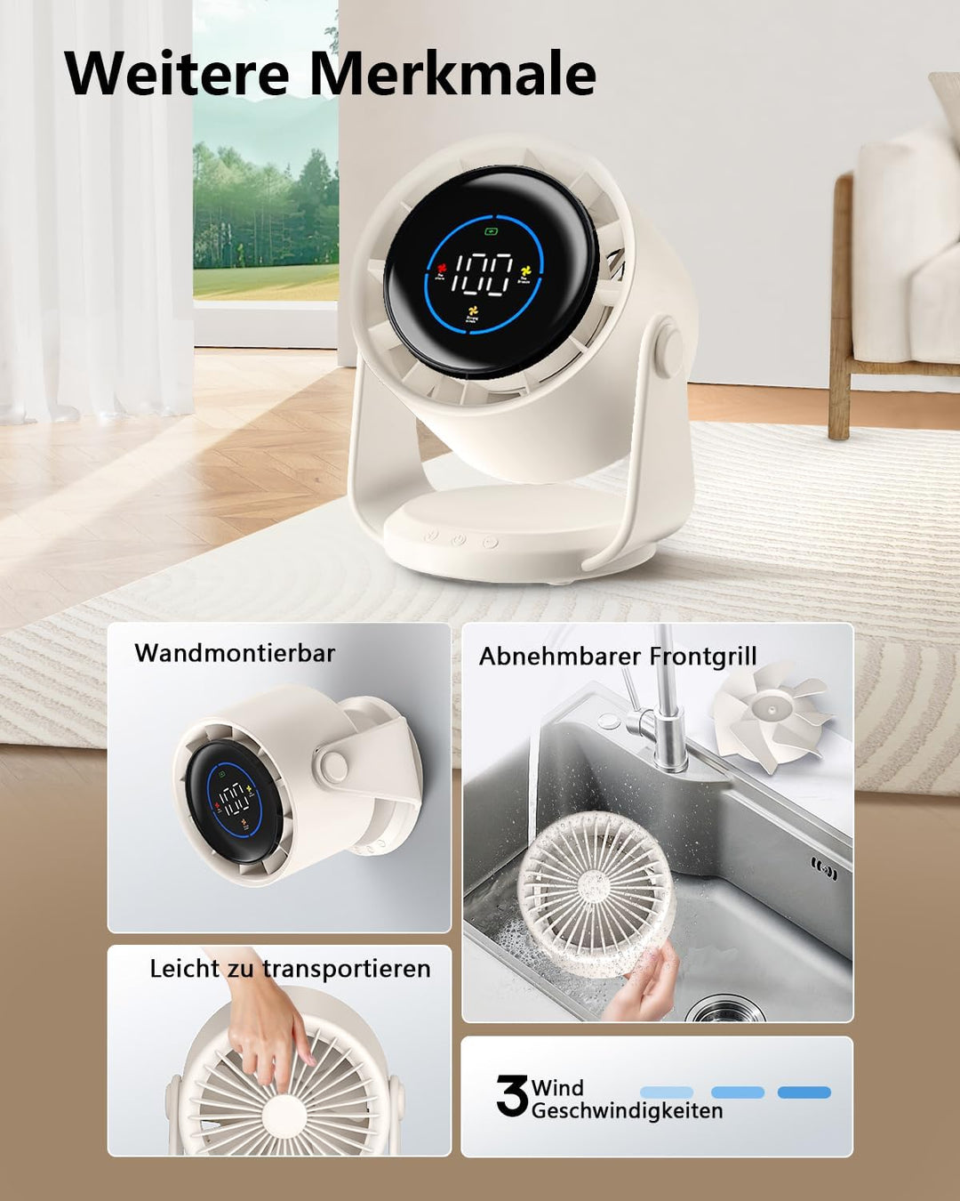 Tischventilator, USB Ventilator mit 100 Geschwindigkeitsstufen 105° Schwenkfunktion LED Display mit