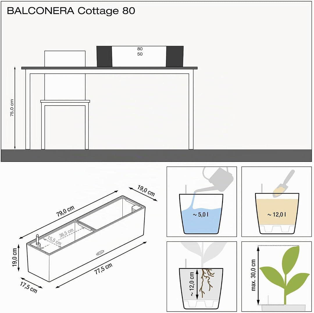 LECHUZA BALCONERA Cottage 80 lichtgrau 15457 Pflanzgefäss mit Erd-Bewässerungs-System 79x19x19 cm Li