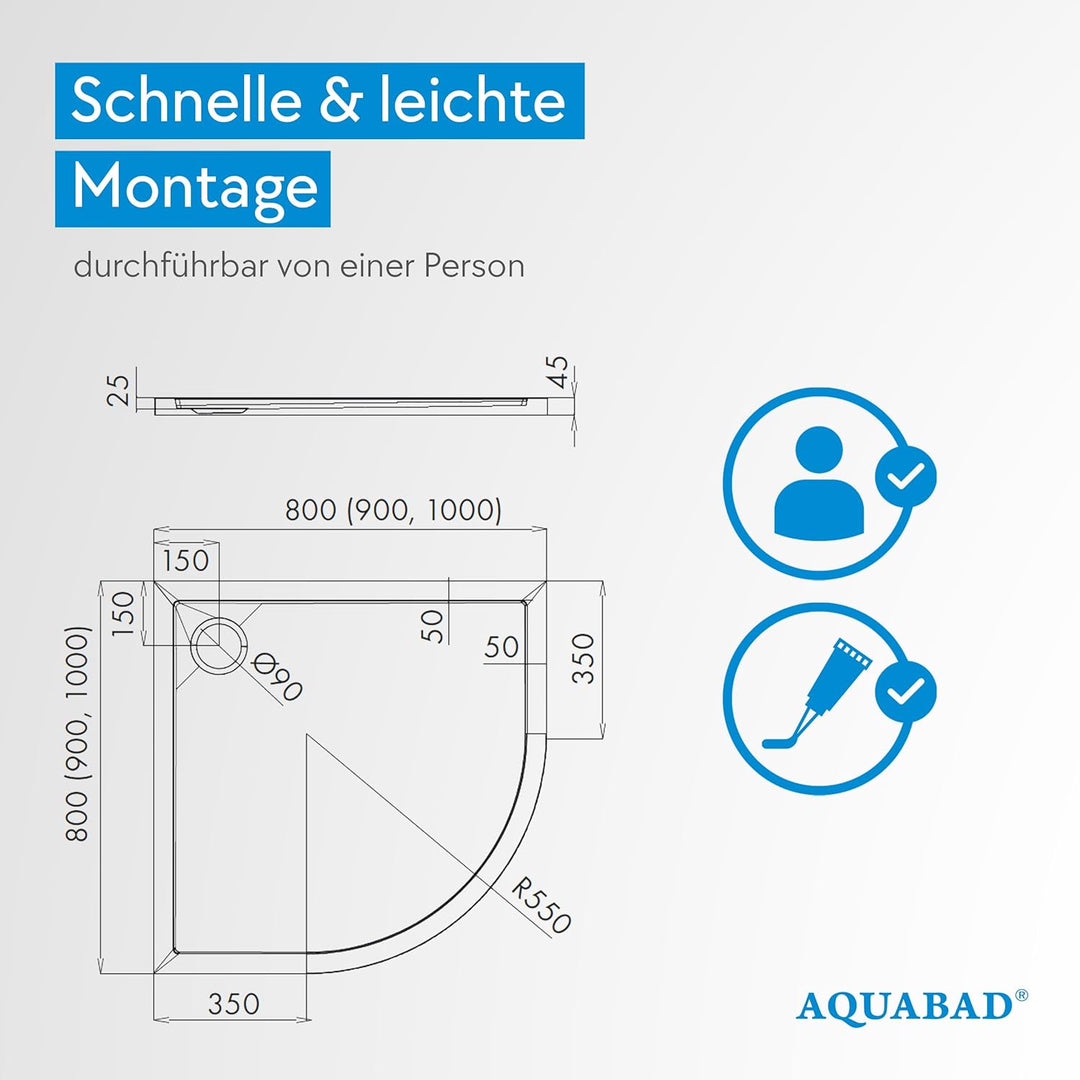 AQUABAD Duschwanne/Duschtasse Villa mit LeakProtect Technologie Smooth White 80x80cm Viertelkreis R5