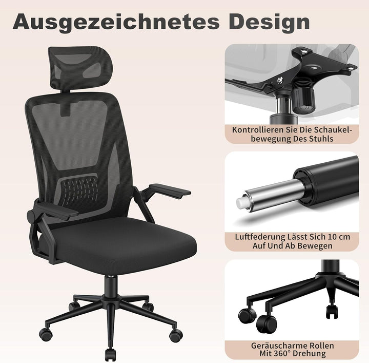 naspaluro Bürostuhl, Schreibtischstuhl mit Mesh, Lenden- und Kopfstütze, Drehstuhl mit 90° Klappbare