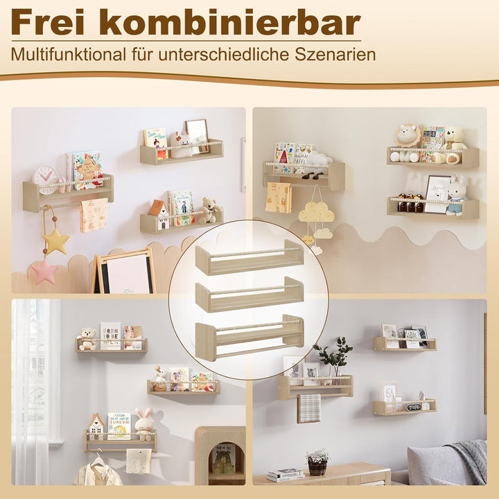 WOLTU 3er Set Kinder Bücherregal Wand, 50cm Wandregal Kinderzimmer, aus Massivholz, Hängeregal Schwe
