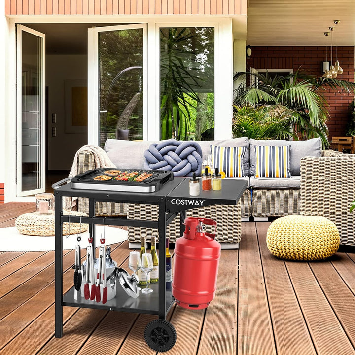 COSTWAY Grilltisch mit klappbarer Tischplatte, Beweglicher Campingtisch mit 2 Ablagen &amp; 4 Haken, Met