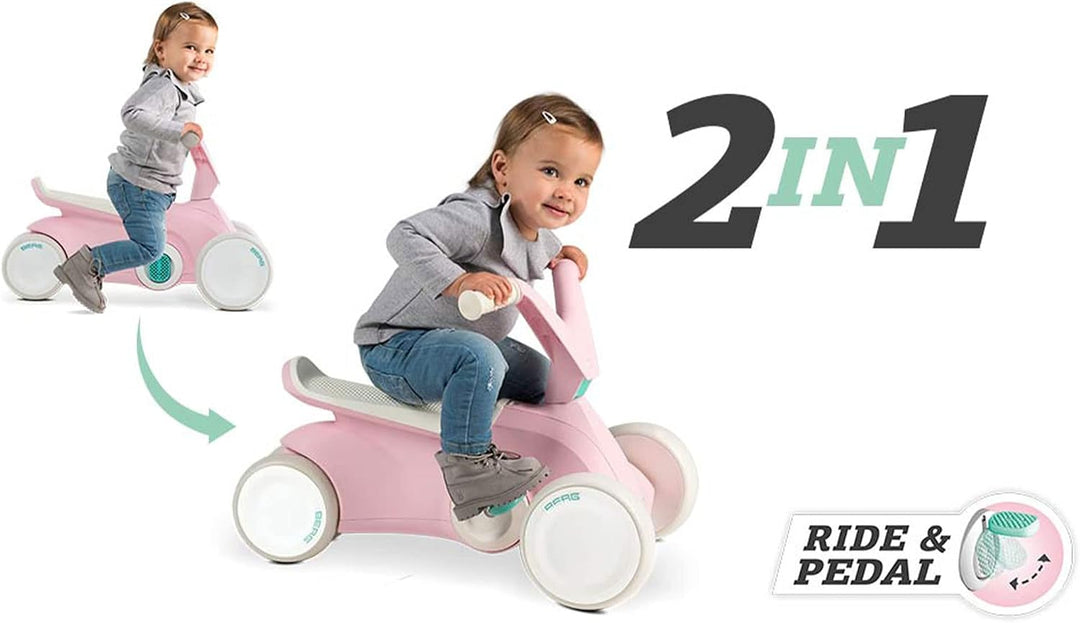 BERG GO2 2in1 Rutschauto Rosa | Kinderrutscher &amp; Laufrad ab 1 Jahr | Kinderauto mit ausklappbaren Pe