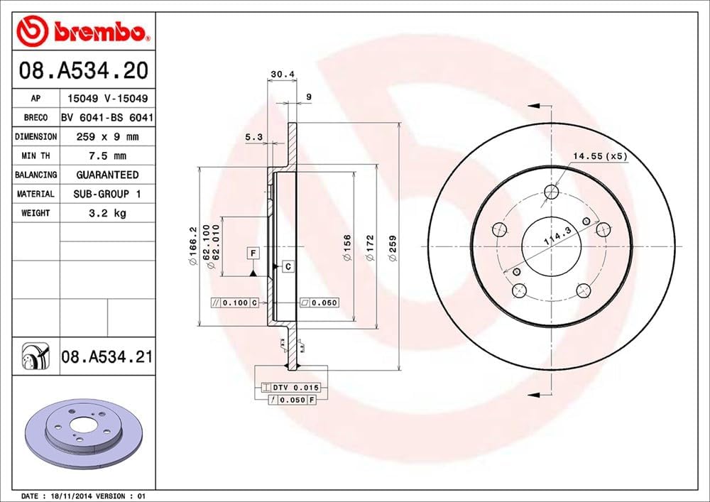 Brembo 08.A534.21 - Bremsscheibe mit UV-Lack (Set von 2 Stück) - hinten