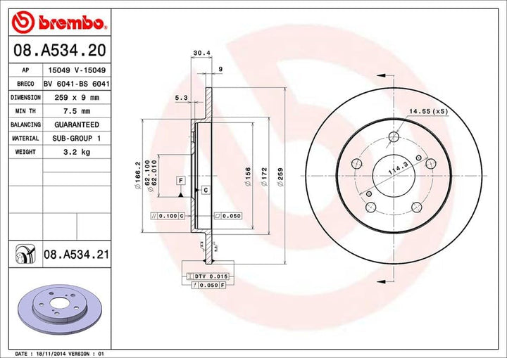 Brembo 08.A534.21 - Bremsscheibe mit UV-Lack (Set von 2 Stück) - hinten