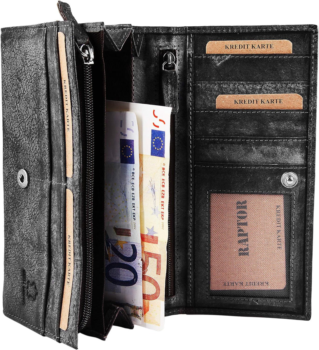 Raptor Damen - Geldbörse Echtleder Druckknopfverschluss 19x10cm RA40044 Anthrazit, Anthrazit