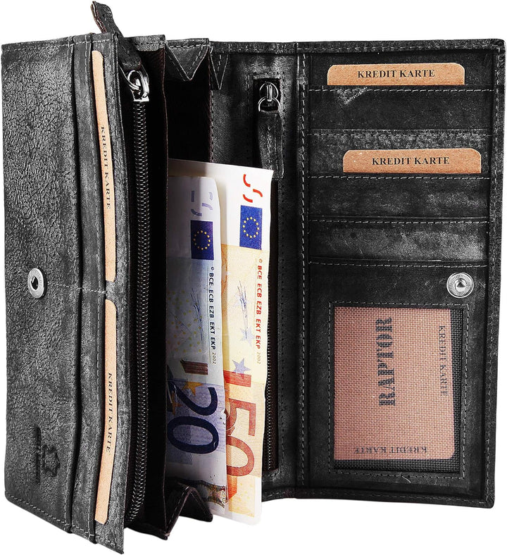 Raptor Damen - Geldbörse Echtleder Druckknopfverschluss 19x10cm RA40044 Anthrazit, Anthrazit