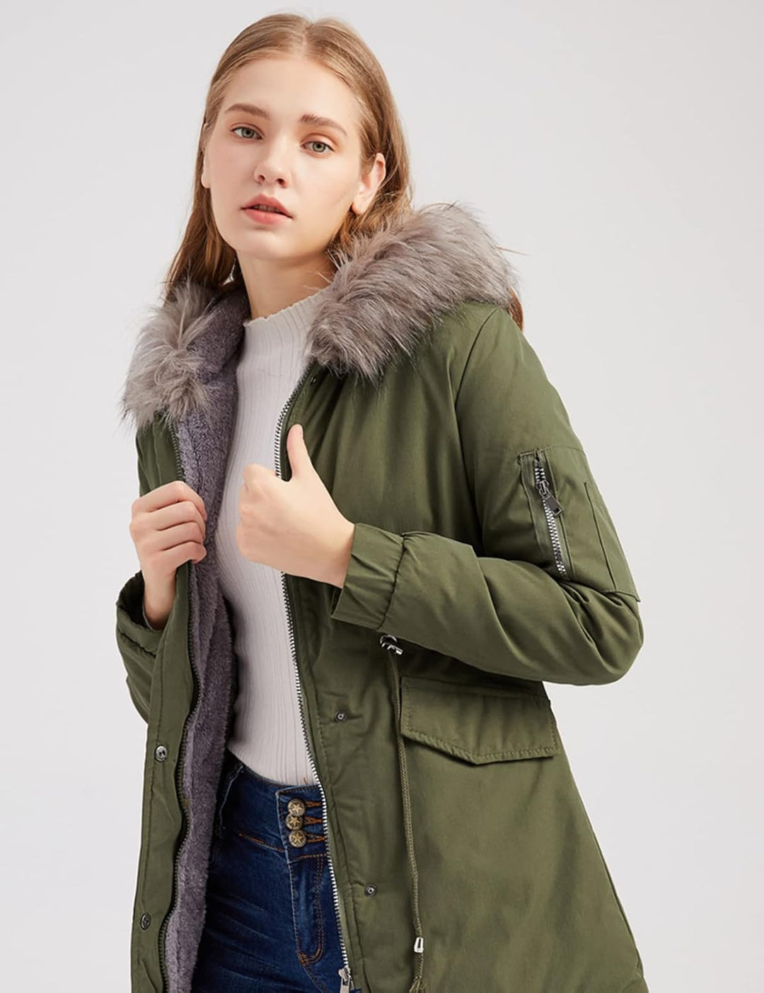 Tuopuda Winterjacke Damen Lang Wintermantel Warm Winter Jacke mit Kapuze Reissverschluss Parka Fleec