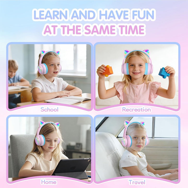 IFECCO Bluetooth Kopfhörer Kinder mit Mikrofon, Kinder Kabellos Kopfhörer mit Tasche, LED-Leuchten K