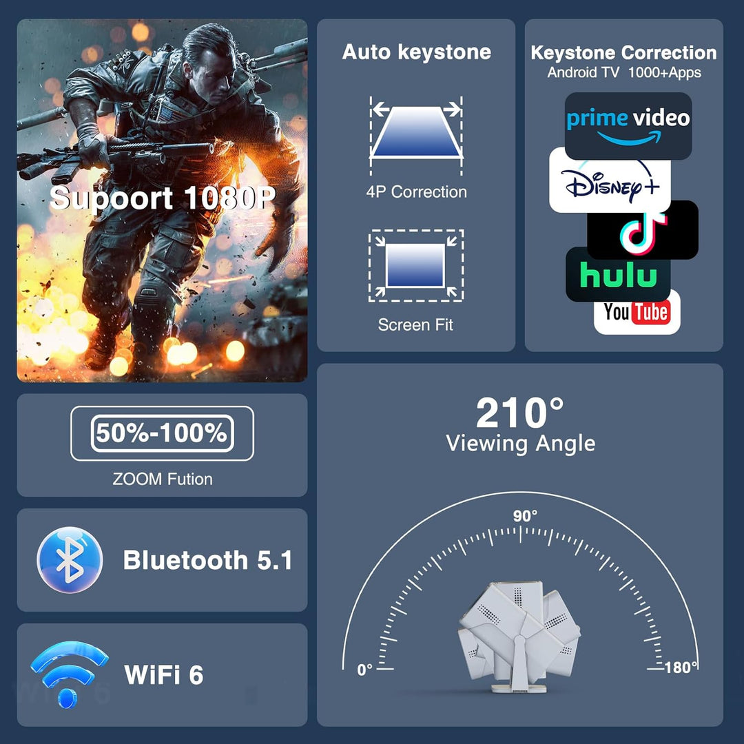 Portable Mini Beamer - Unterstützt 4K 1080P | Auto Trapezkorrektur | 270° Drehung Tragbarer Heimkino