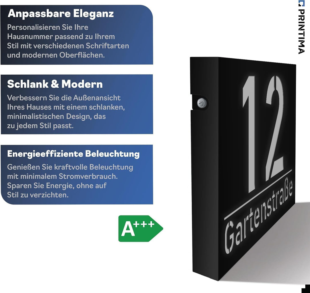 30x40cm 230V Strom Grosse Hausnummer Beleuchtet Led aus Aluminium mit Dämmerungssensor, Schwarz, Gra