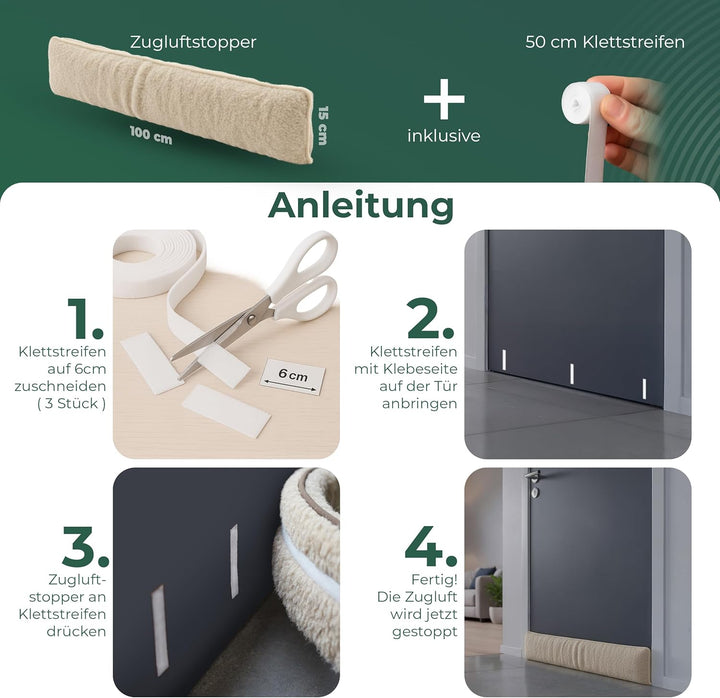 Zugluftstopper für Türen 100cm Natur Schurwolle – stoppt Zugluft & Kälte, dämpft Lärm/Staub/Licht, r