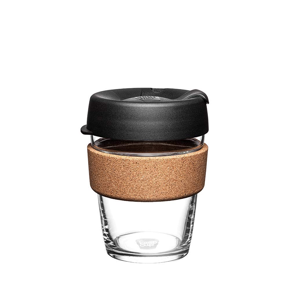KeepCup Brew Cork, Mehrweg-Glasbecher, spritzwassergeschütz, Medium 12oz 340mls, Schwarz Medium 12oz
