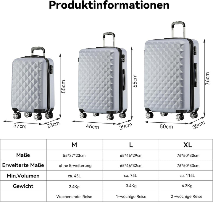 BEIBYE Zwillingsrollen 2066 Hartschale Trolley Koffer Reisekoffer Gepäck M-L-XL-Set (Silber, Set) Si