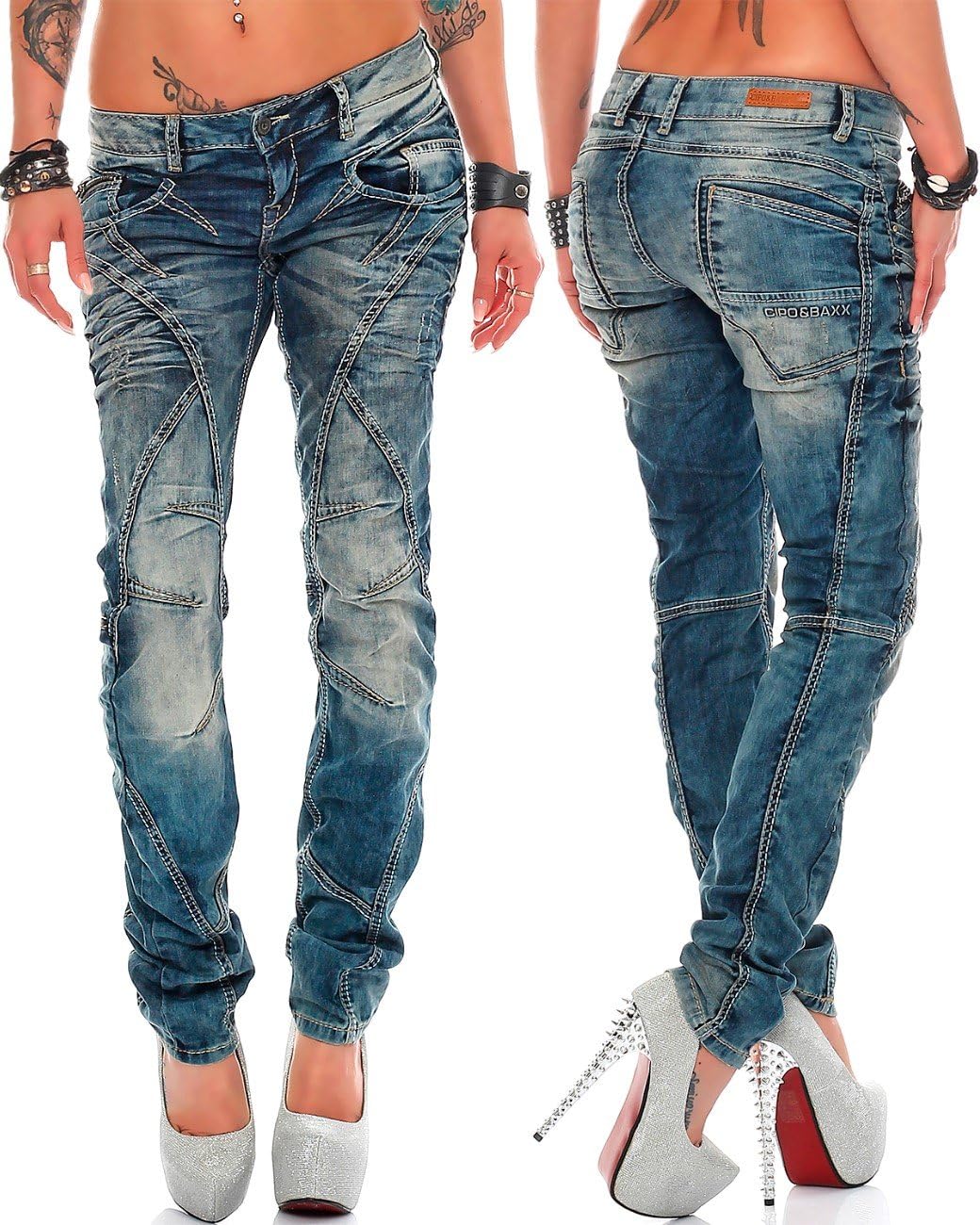 Cipo &amp; Baxx Damen Jeans Hose Hüftjeans Skinny Slim Fit Stretch 25W / 30L Blau - 14, 25W / 30L Blau -