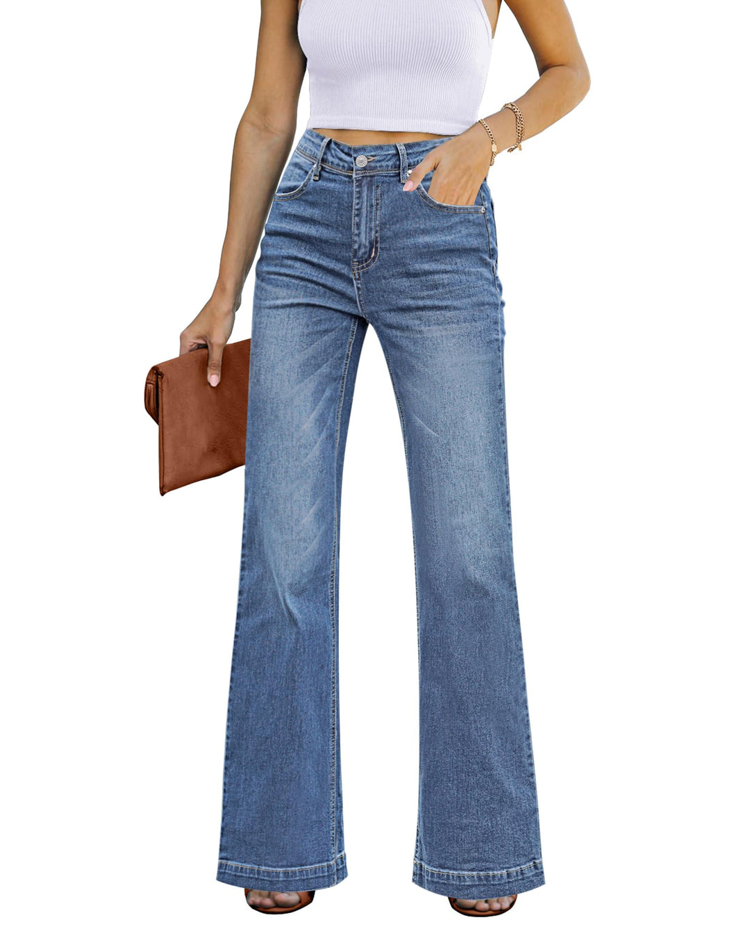 Roskiky Schlaghose Damen Jeans Wide Leg Baggy Jeans Damen High Waist Stretch Hosen Damen Jeans M Buc