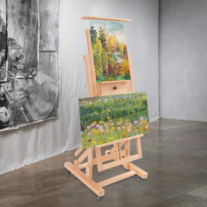 Profi Holz Staffelei 140-300cm höhenverstellbar mit Rollen – Easel Stand für Malerei und Zeichnen, A