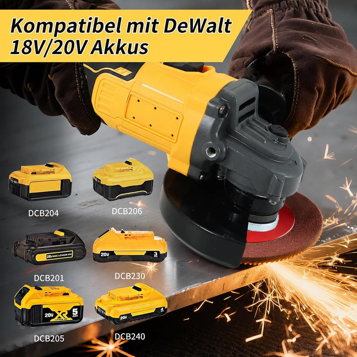 Akku Winkelschleifer für Dewalt 18V, 125 mm 7800U/min Bürstenloser Profi-Schleifer, Akku-Schleifer m