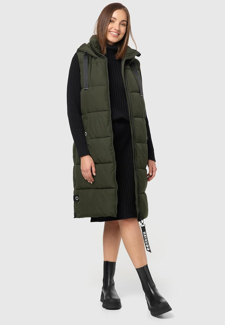 Navahoo Damen ärmellose Lange Outdoorweste warme Winterjacke Schnuffelchen XS-3XL XS Dark Olive, XS