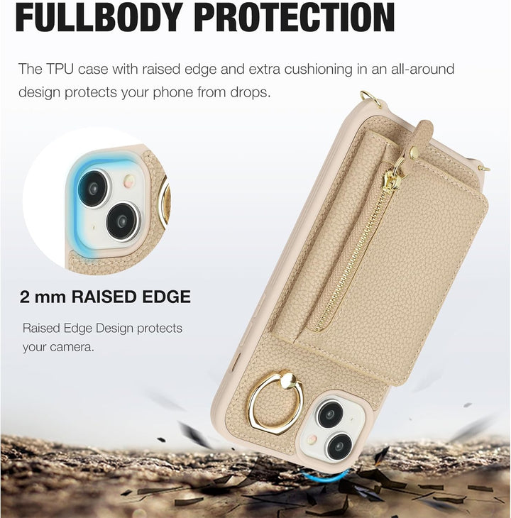 ELTEKER Handyhülle für iPhone 13 Hülle mit Band Kartenfach Ringhalterung Geldbörse,Leder Klapphülle