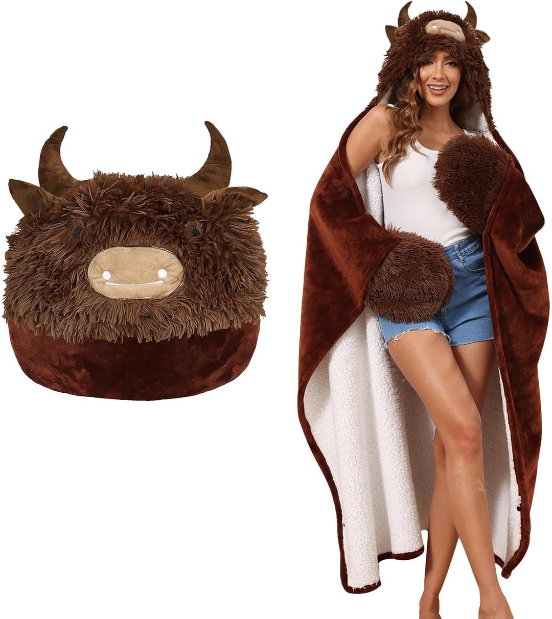 MSISILY Decke mit Kapuze und Ärmeln, Tragbare Decke Kuscheldecke Flauschig, Hochlandrind Geschenk fü
