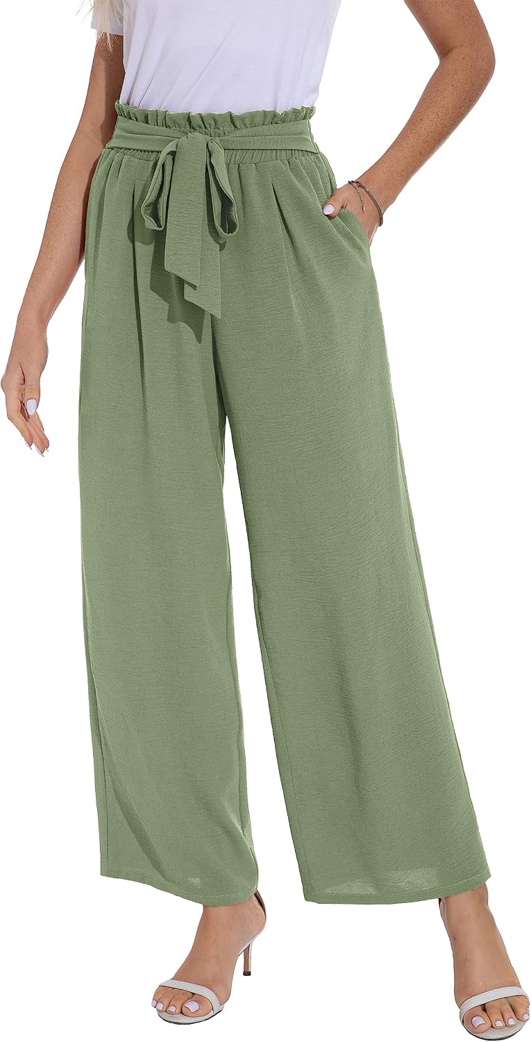 PrinStory Damen Hose Mit Weitem Bein Leichte Elastische Taille Sommer Hose Mit Taschen Kausale Arbei