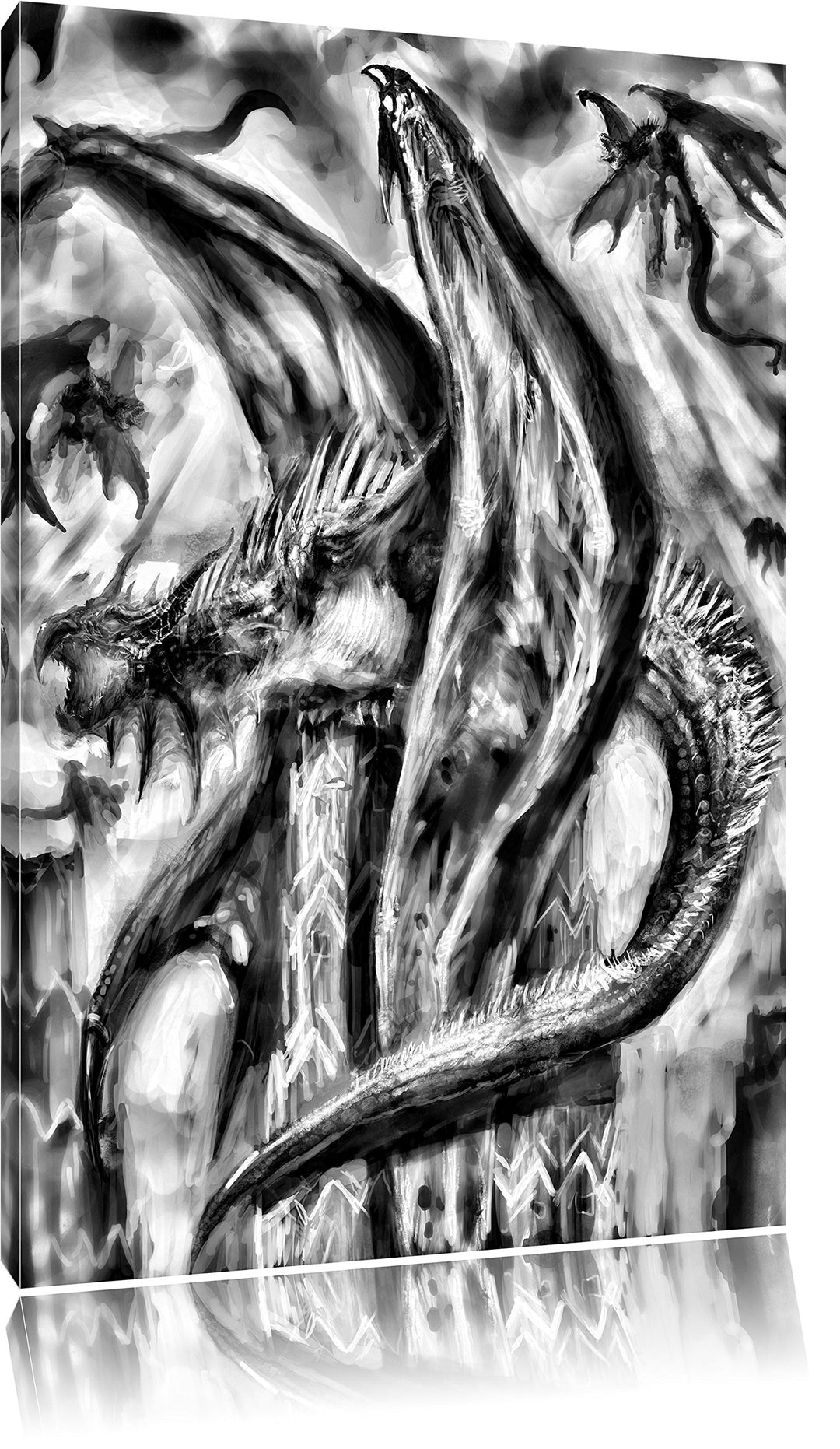 Monocrome, Dragons, Format: 100x70 auf Leinwand, XXL riesige Bilder fertig gerahmt mit Keilrahmen, K