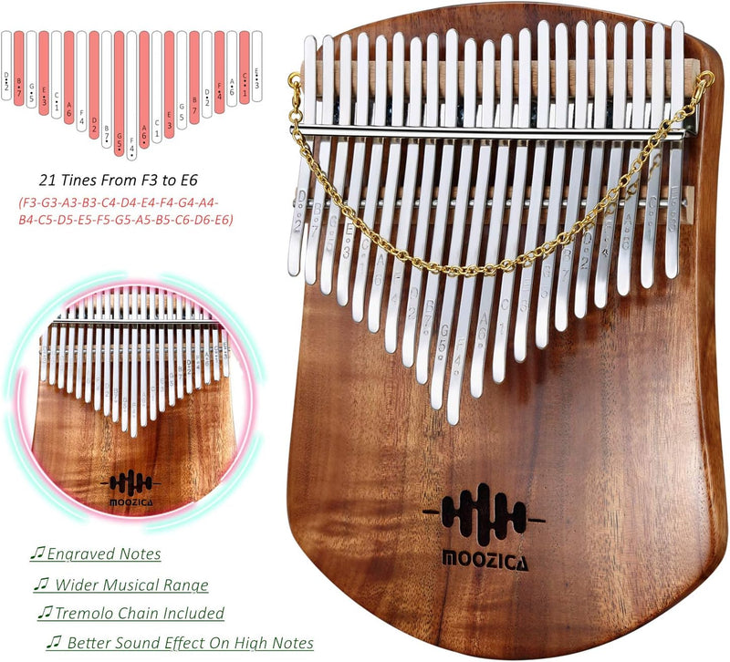 MOOZICA 21 Tasten Massives Koa-Holz Kalimba, Einzel-Massivholzplatte Professionelle Kalimba Thumb Pi