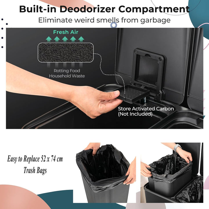 LIFEZEAL 60 L Mülleimer, Abfalleimer für Mülltrennung mit 2 Fächern, Müllsammler mit Deodorant, Deck