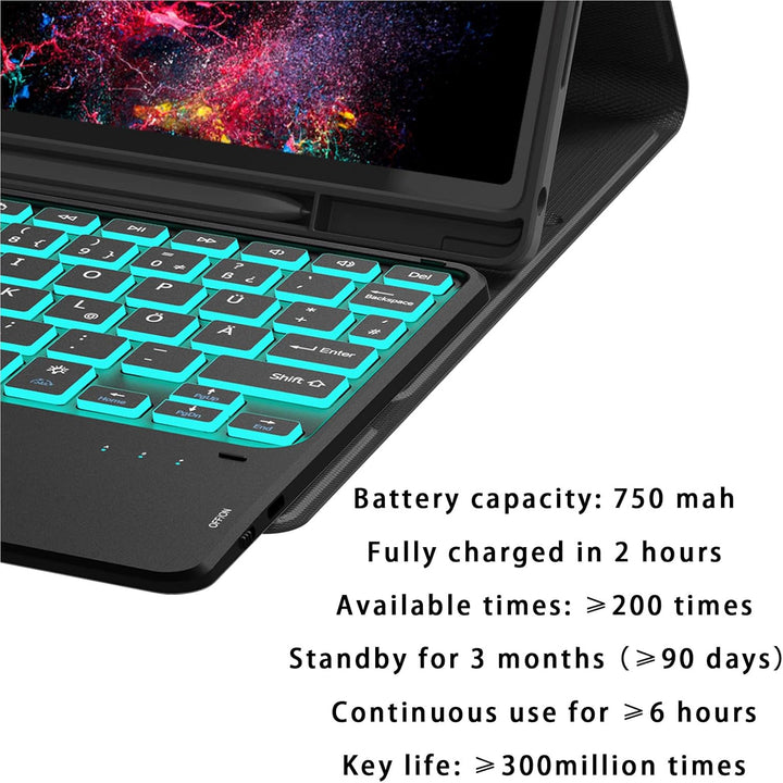 ROOFEI Galaxy Tab A8 Hülle mit Tastatur, 7-Farbige Beleuchtung Tastatur mit Trackpad - QWERTZ Deutsc