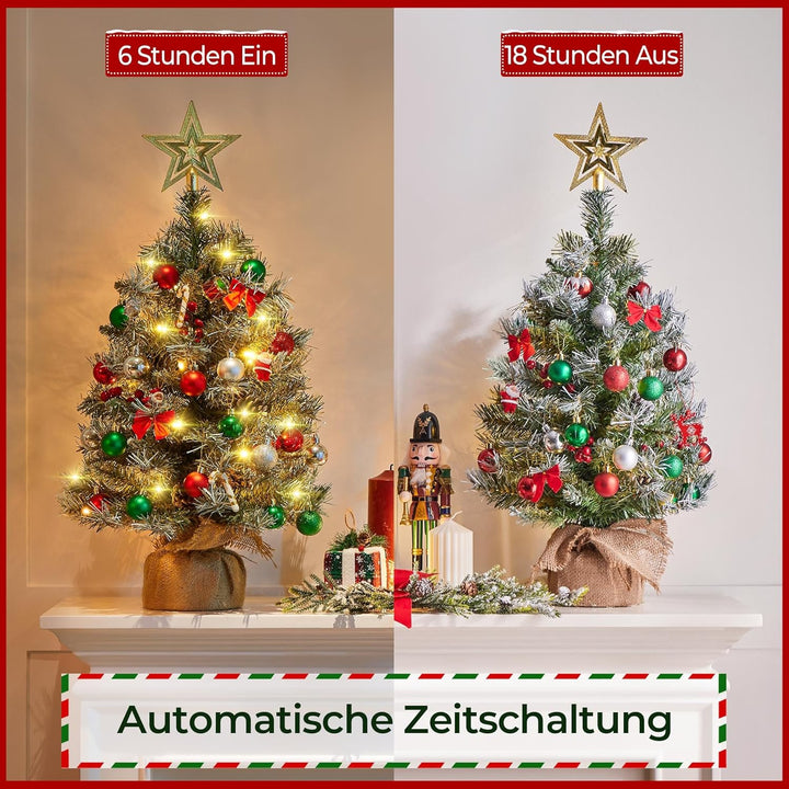 Yaheetech 2 Stück 66 cm Mini Künstlicher Weihnachtsbaum mit Schnee inkl. 35 Warmweiss LED & 42 Roten