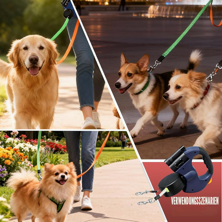 Einziehbare Hundeleine für 2 Hunde, 3m Doppelleine für 2 Hunde mit Licht, Anti Rutsch Griff, auszieh