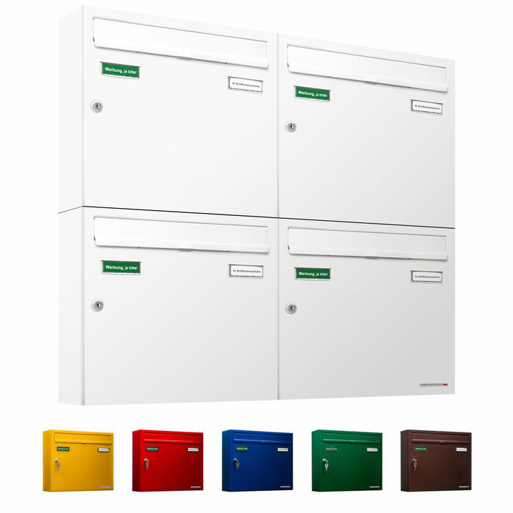 AL Briefkastensysteme Basic 4er Briefkasten RAL 9016 Verkehrs Weiss 4 Fach DIN A4 wetterfest Briefka