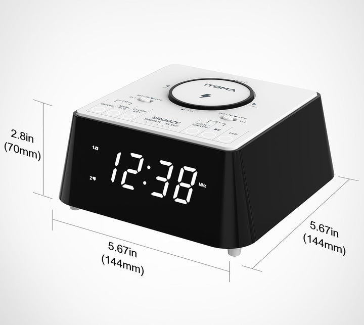 iTOMA Radiowecker mit USB-Ladegerät, Bluetooth-Lautsprecher, Nachttisch FM Radio, Dual Alarm mit Sno