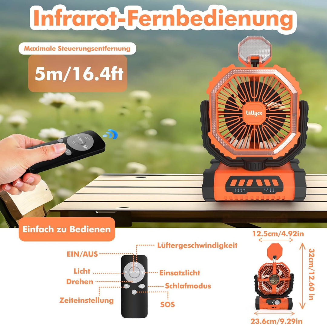 Outdoor Camping Ventilator mit Licht, 20000mAh Akku, wiederaufladbarer tragbarer Ventilator mit Fern