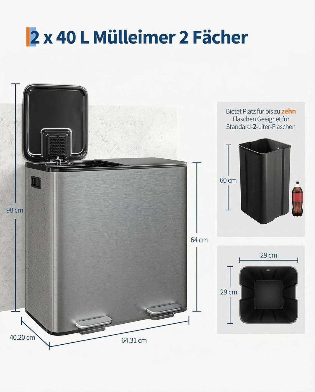 GarveeHome Mülleimer Küche, 2 x 40 L, Mülltrennsystem 2 Fächer, Metall-Tretmülleimer mit Seitlichem