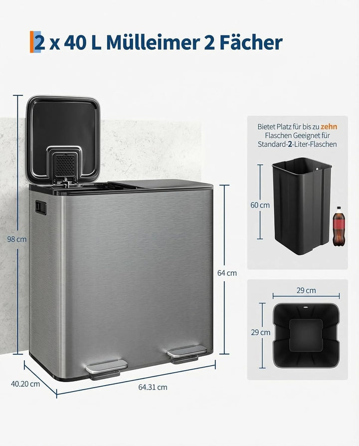 GarveeHome Mülleimer Küche, 2 x 40 L, Mülltrennsystem 2 Fächer, Metall-Tretmülleimer mit Seitlichem