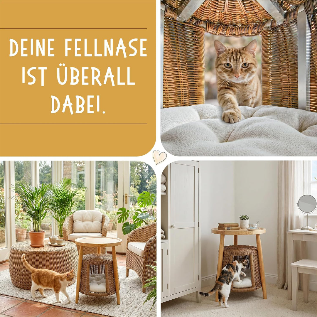 Petigi Katzentisch Beistelltisch Rattan Katzenhöhle Katzenbett Couchtisch | aus Holz und Rattan, Nat