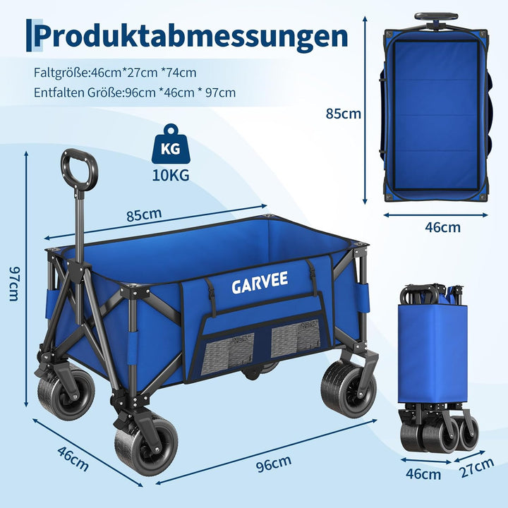 GarveeLife XXL Bollerwagen Faltbar, 200kg Belastbar &amp; 200L Volumen, Handwagen mit Bremsen &amp; 20cm Off