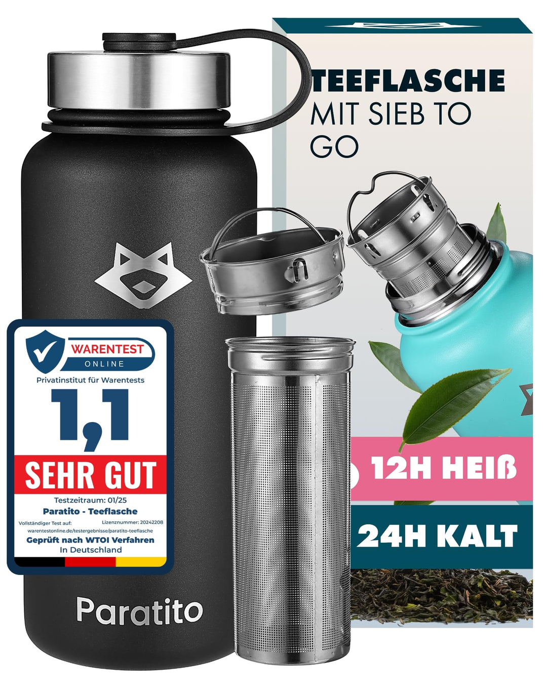 Teeflasche mit Sieb 1L – Auslaufsichere, spülmaschinenfeste Edelstahl Trinkflasche 1l (Isolierflasch
