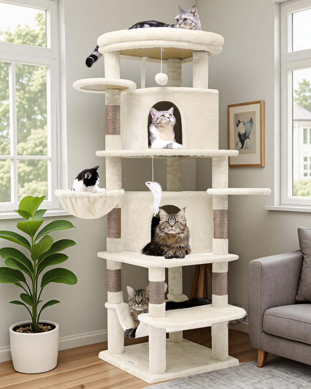 Globlazer Kratzbaum Beige Gross, Eckkratzbaum Stabil hoch 167 cm mit 2 Sektor Katzenhaus, Gepolstert
