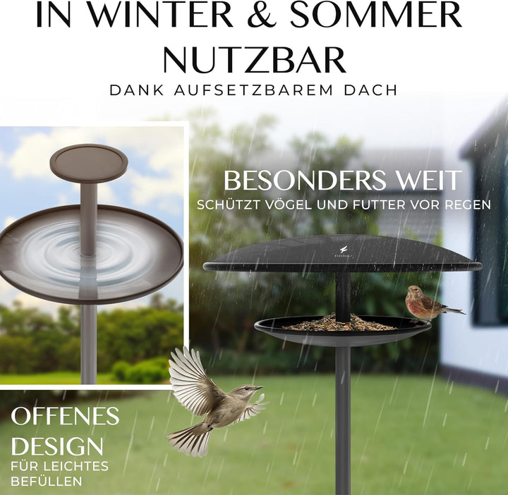 Vogelhaus mit Ständer wetterfest, rostfrei aus Stahl [XXL 40cm Dach] 2in1 Vogelfutterhaus und Vogelt