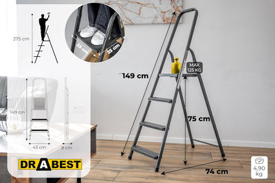 DRABEST - Stehleiter - mit 4 Stufen - bis 125 kg belastbar - 1,49 m lang - Arbeitshöhe 2,75 m - Trit
