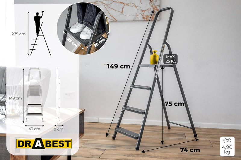 DRABEST - Stehleiter - mit 4 Stufen - bis 125 kg belastbar - 1,49 m lang - Arbeitshöhe 2,75 m - Trit