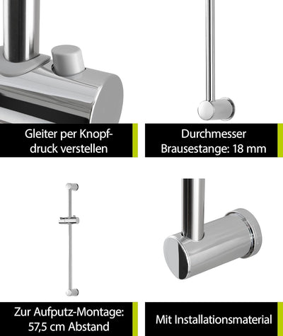 aquaSu® Brausestange Quintao | 60 cm Länge | mit Gleiter | Ø 25 mm | Kleben oder Bohren | aus Metall