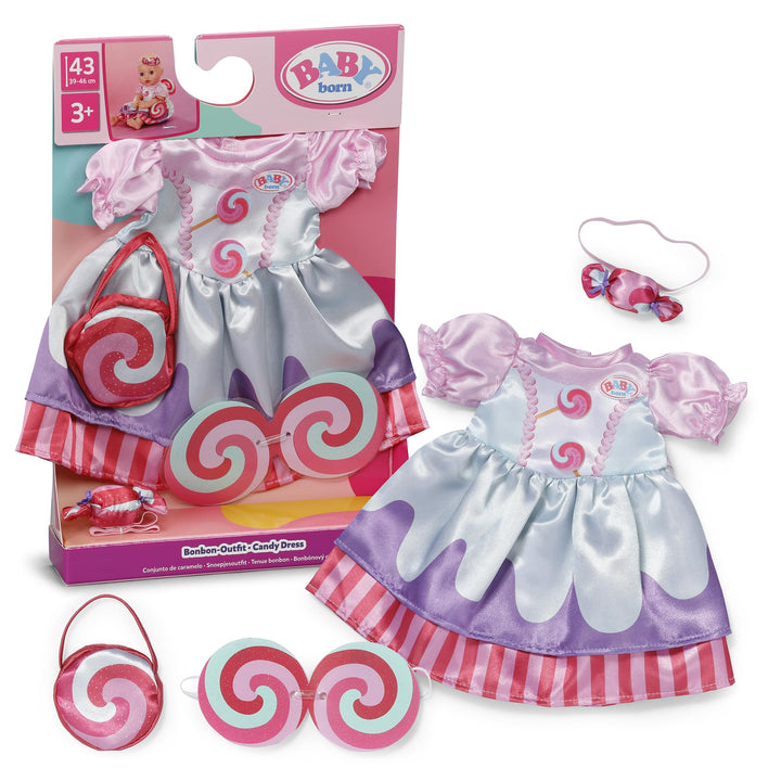 Baby Born Bonbon-Outfit mit Kleid, Tasche, Brille und Haarband für 43cm Puppe