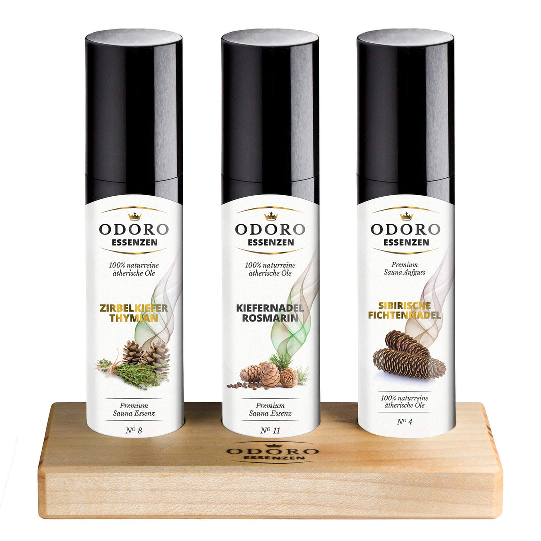 Saunaaufguss Duft Set inkl. Holzständer - 100% ätherische Öle – Fichtennadel, Kiefernadel, Zirbelkie