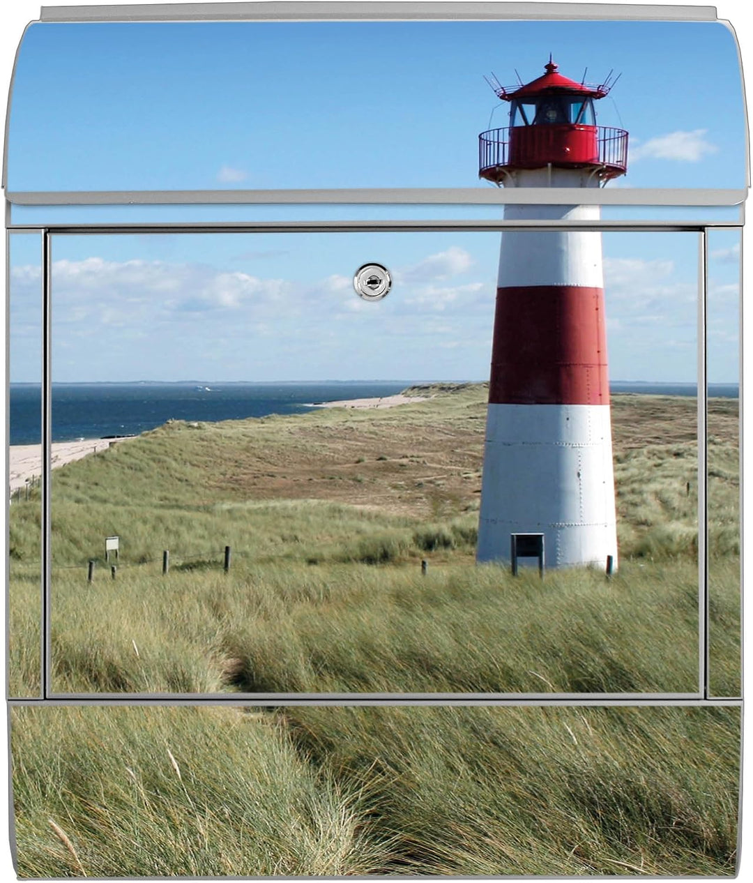 banjado® Design Briefkasten mit Motiv Leuchtturm 39x47x14cm &amp; 2 Schlüssel - Briefkasten Stahl Silber